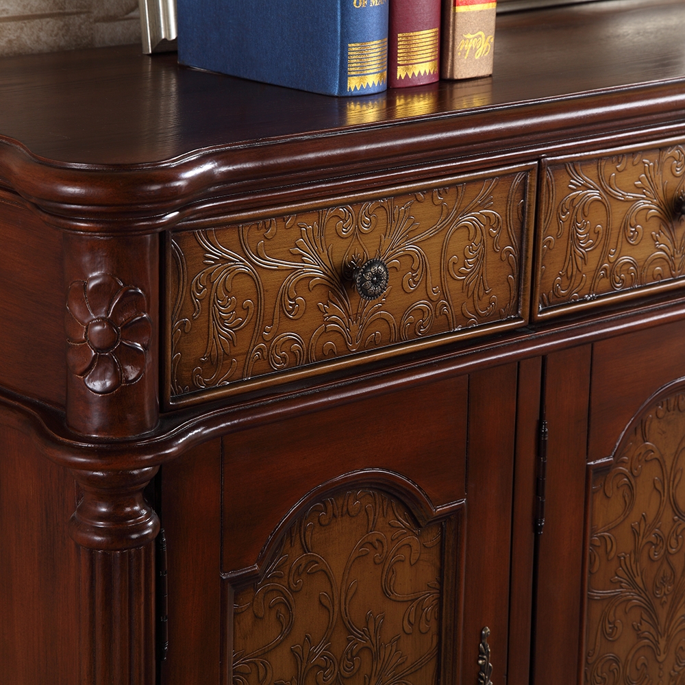 59.1" Vintage Walnut Shoe Cabinet Embossed Floral Surface with 6 Shelves and 4 Doors window image