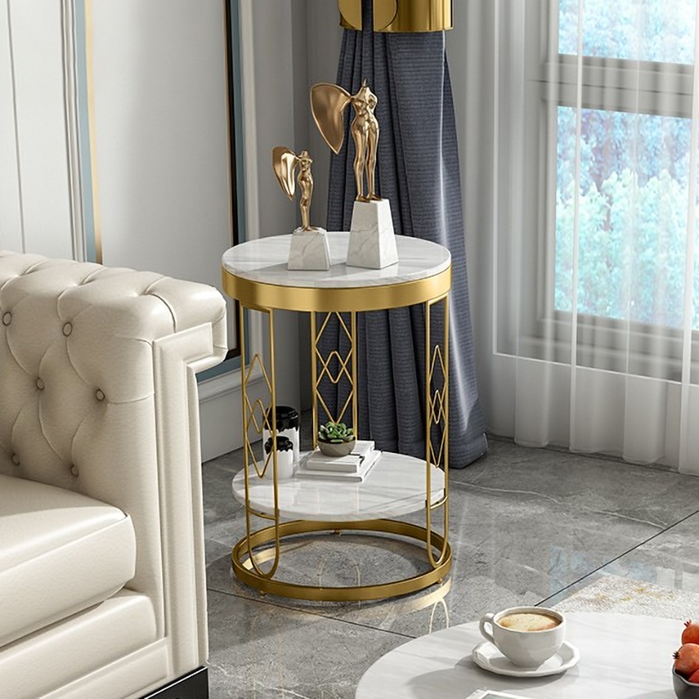 2-Tiered White Modern Round End Table with Shelf Metal Frame window image
