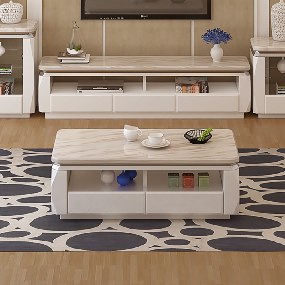 Marble Coffee Table with Storage & Drawers Solid Wood Frame window image