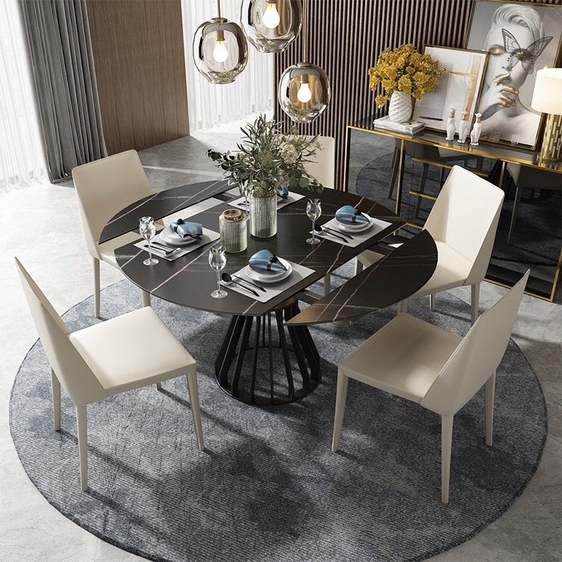 Modern Black Round Leaf Extendable Dining Table Sintered Stone Top Pedestal Base window image