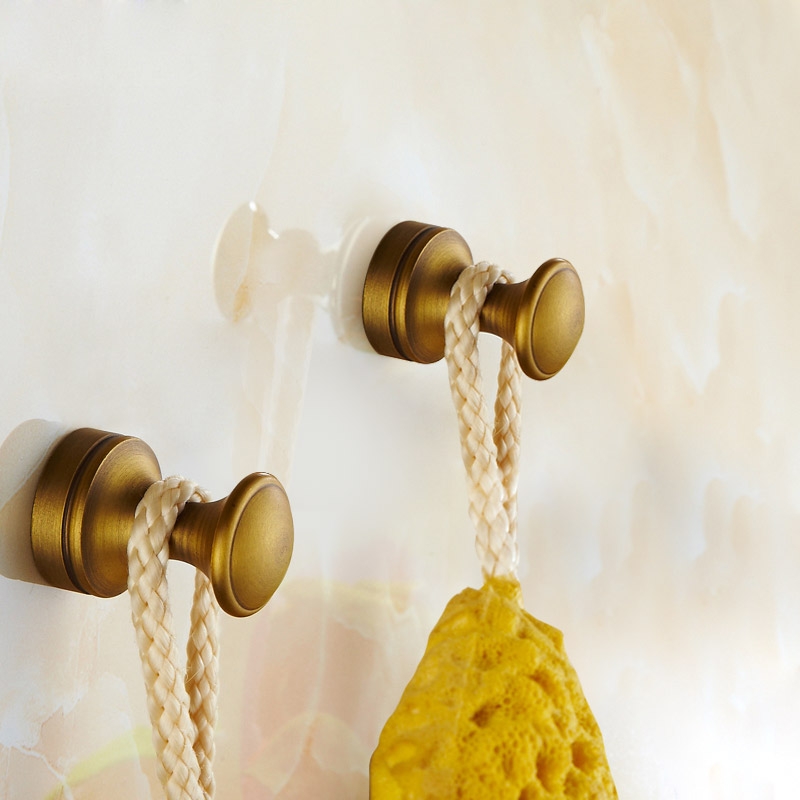 Retro Antique Round Solid Brass Wall Mounted Single Robe Hook Antique Brass Set of 2 window image