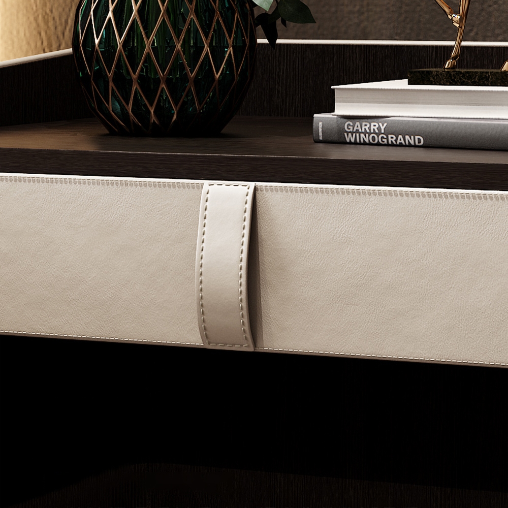 Table de chevet moderne en bois avec revêtement en similicuir avec tiroir et étagère en noyer image de fenêtre