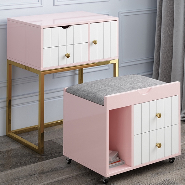 Modern Mirrored Makeup Vanity Set Dresser with Drawers & Ottoman in Pink window image