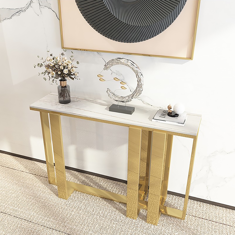 Modern White Sintered Stone Narrow Console Table Rectangle Gold Finish window image