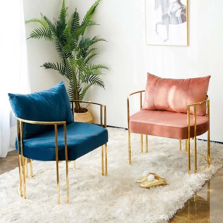 Gold Accent Chair Blue Velvet Barrel Chair with Pillow Back & Cushion Stainless Steel Frame window image