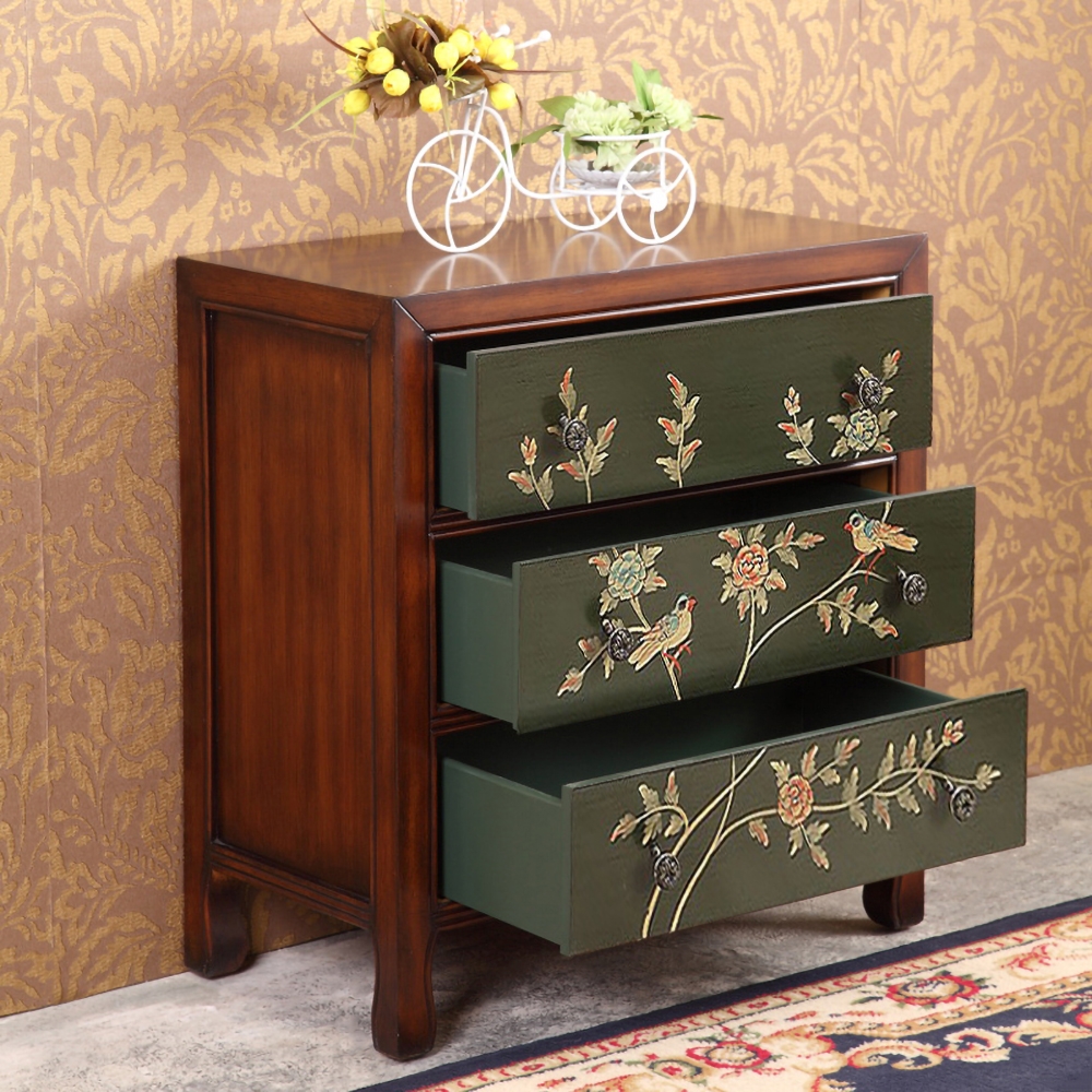 Rustic Walnut&Green Cabinet Floral Accent Chest with 3 Drawers window image