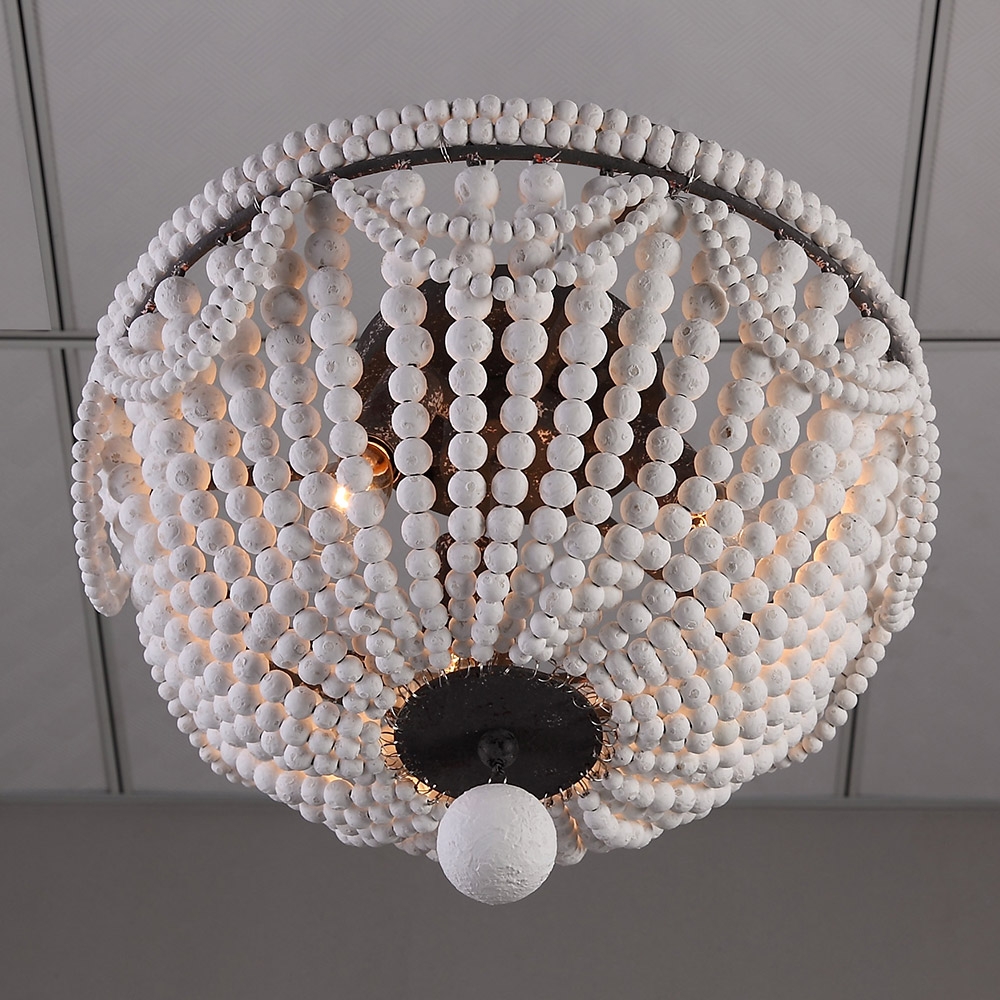 Retro Farmhouse Distressed Wood Bead 3-Light Dome Shaped Flush Mount Ceiling Light in White window image