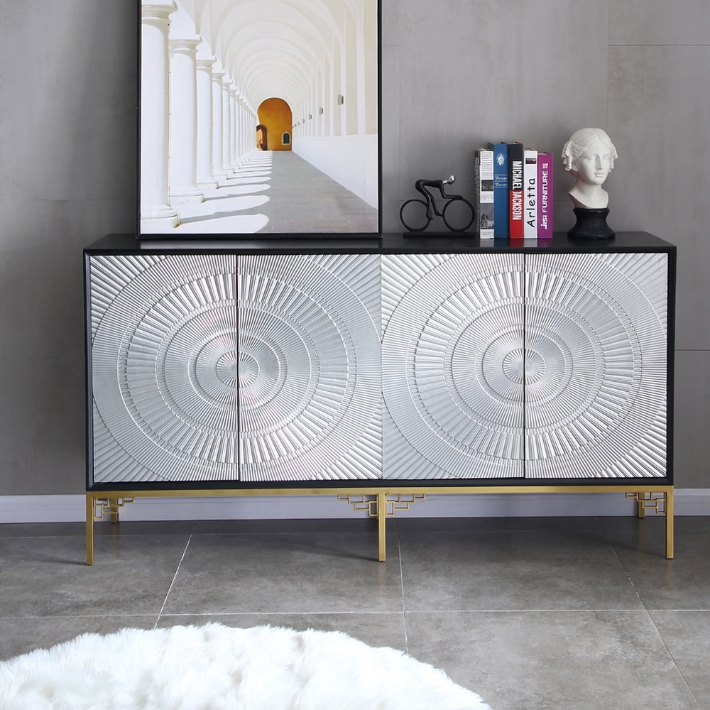 Black&Silver Sideboard Buffet Solid Wood Kitchen Cabinet with Doors and Shelves in Brass window image