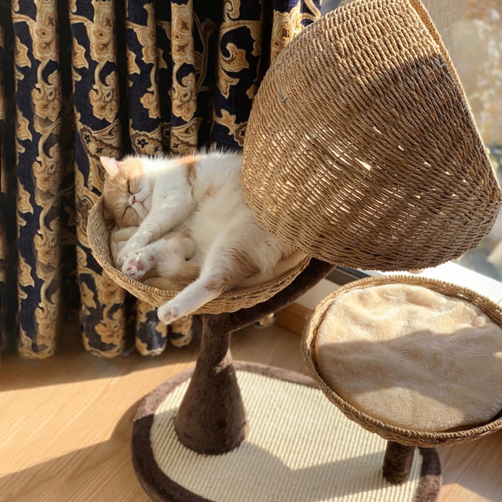 920mm Faux Fur Velvet Cat Tree Condo 3 Tier Woven Cat Bed and Perch window image