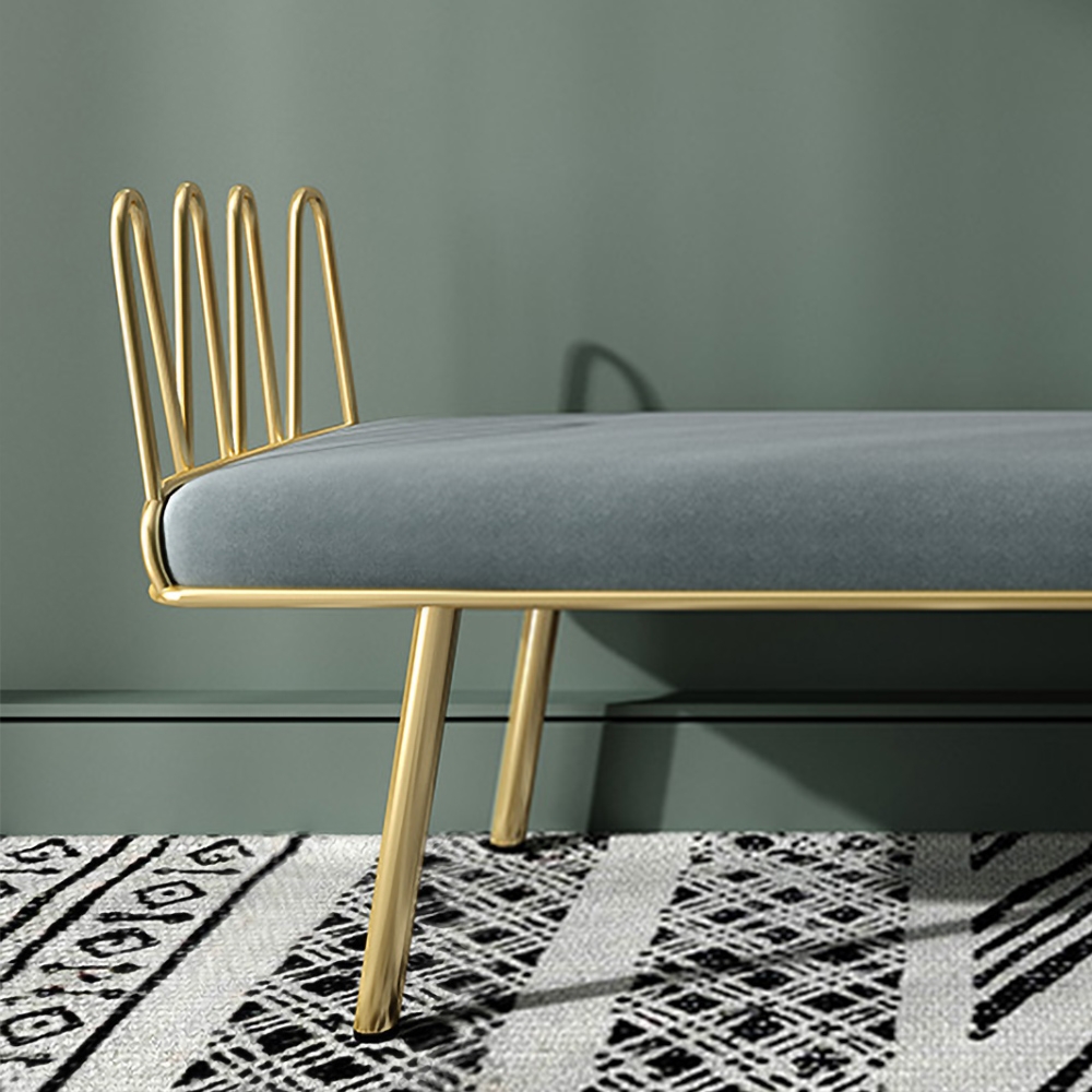 Light Gray Entryway Bench Modern Upholstered Velvet Bench Metal in Gold window image