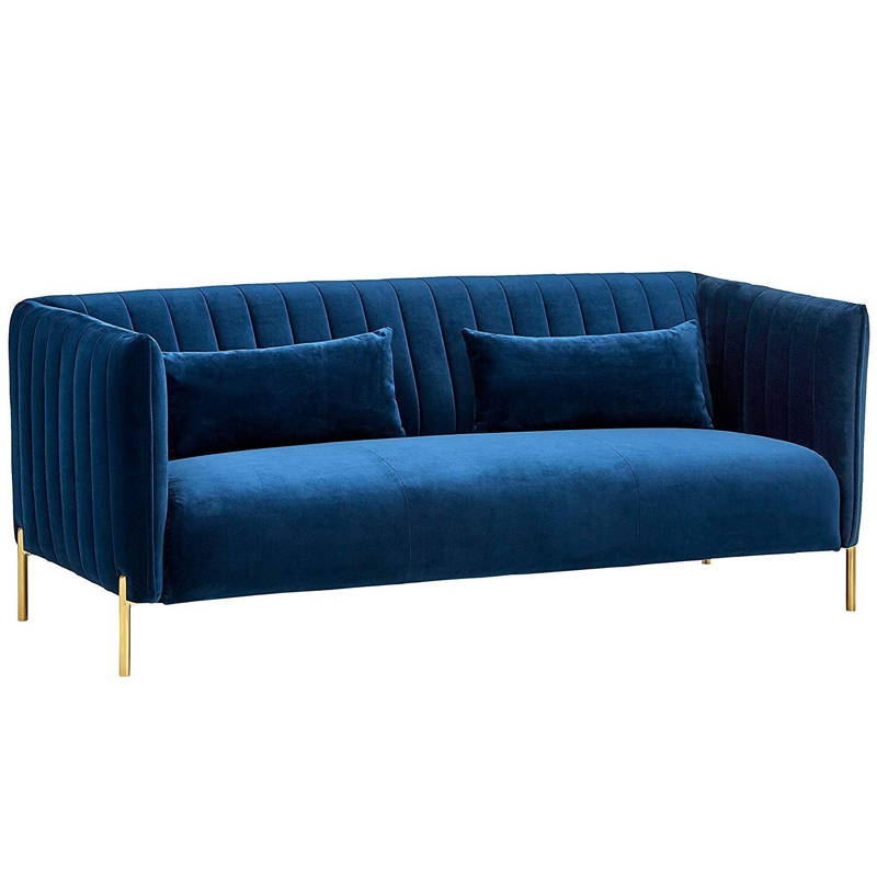 Mid Century Modern 75" Blue Velvet Upholstered 3 Seater Sofa in Gold window image