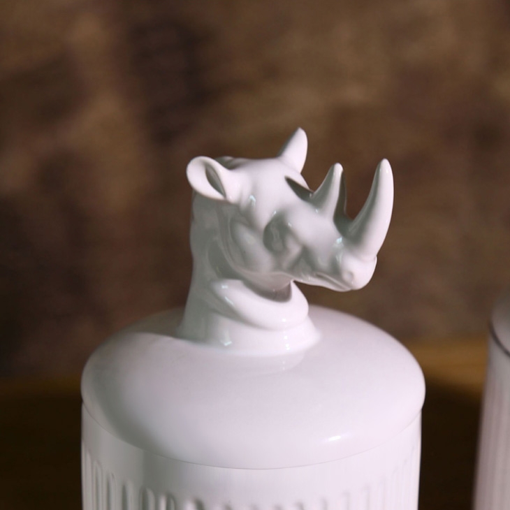 Contemporary Cylinder 4-Piece Ceramic Kitchen Storage Canister Set with Animal Lid in Ivory window image