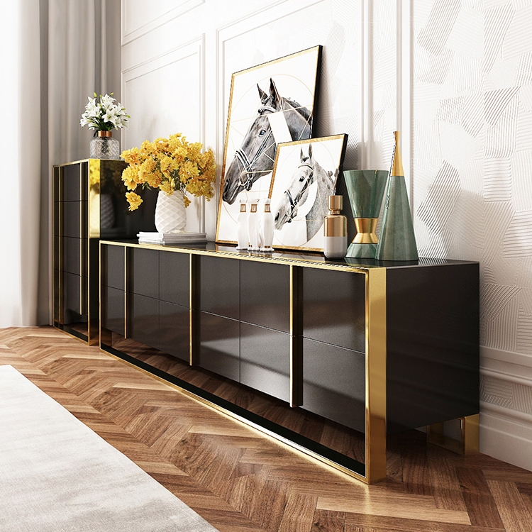Rimh Zack Black 78" TV Stand Modern Gold Media Console with 6-Drawer & Glass Top window image