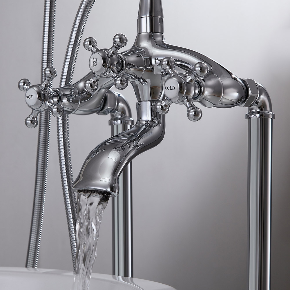 Chester Classic 3 Cross Handles Floor Mounted Clawfoot Tub Filler Faucet with Hand Shower in Chrome window image