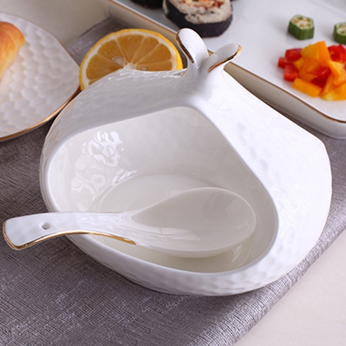 Contemporary Embossed White Utensil Organizer Kitchen Ceramic Utensil Holder with Gold Rim window image