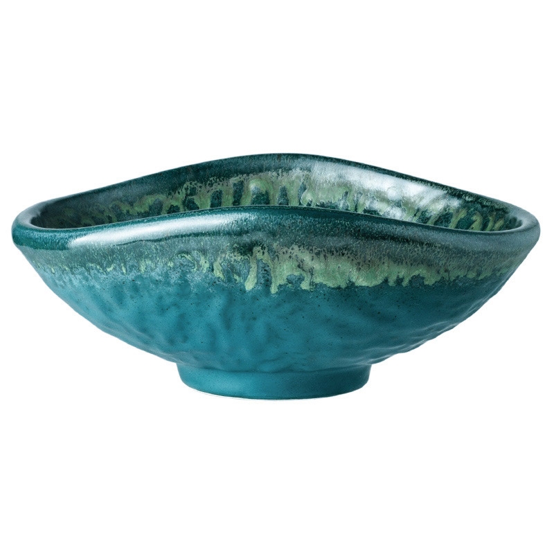 Vintage Irregular 6.6" Pottery Salad Bowls Handcrafted Glaze Ramen Bowl Set of 2 Green window image