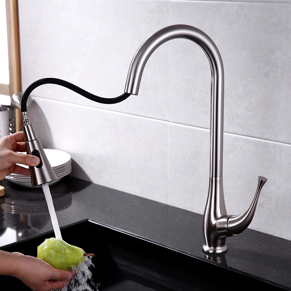 Modern Touch Pull Out Kitchen Faucet Brushed Nickel Single Handle Dual Function Faucet window image