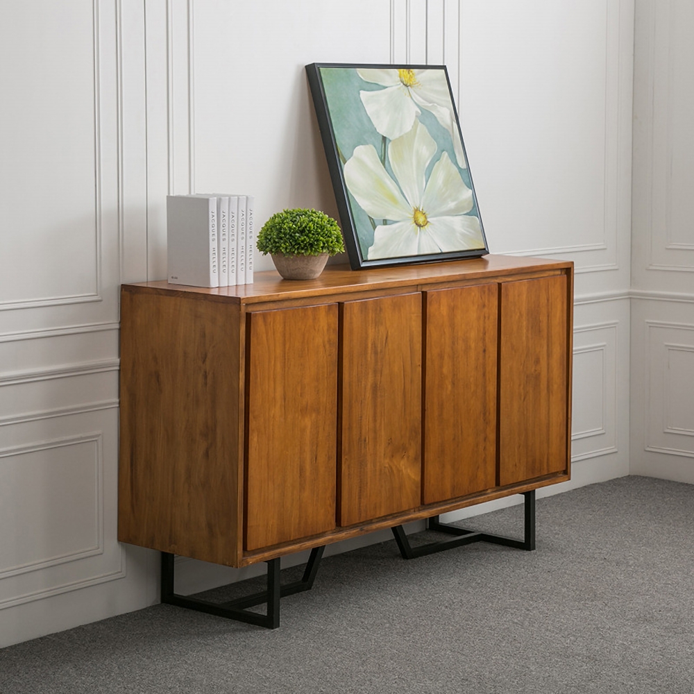 Cottage Walnut Sideboard Buffet Pine Wood Kitchen Cabinet with 4 Doors and 2 Shelves in Black window image