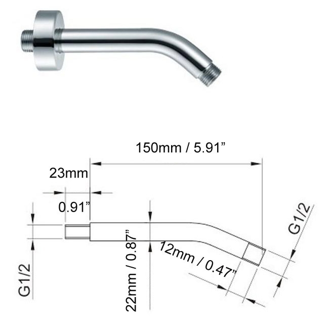 Modern Wall Mounted Solid Brass Short Curved Shower Arm for Rain Shower Head in Polished Chrome window image
