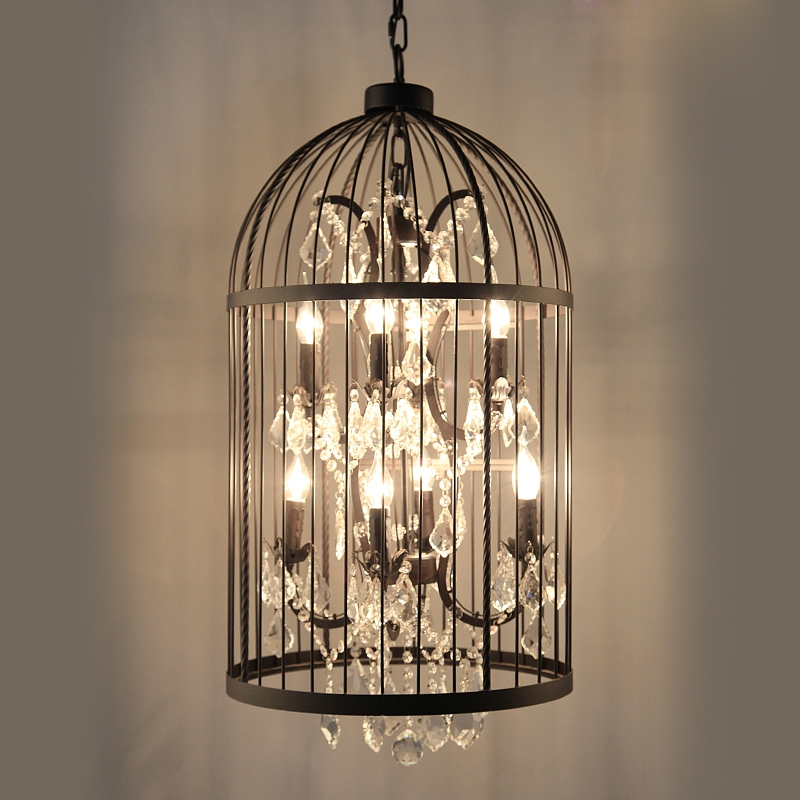 Industrial Retro 8-Light Black Clear Crystal & Metal Scroll Birdcage Lantern Chandelier 2-Tier Candle Light window image