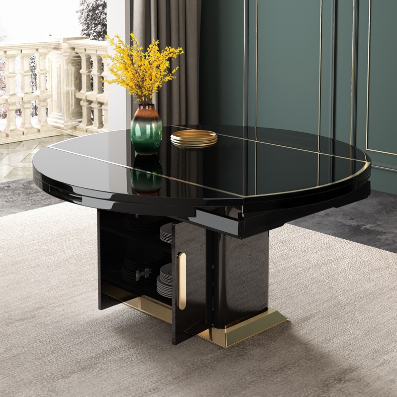 Round Black Extendable Dining Table with Storage Base Wood And Stainless Steel Table Space Saving window image