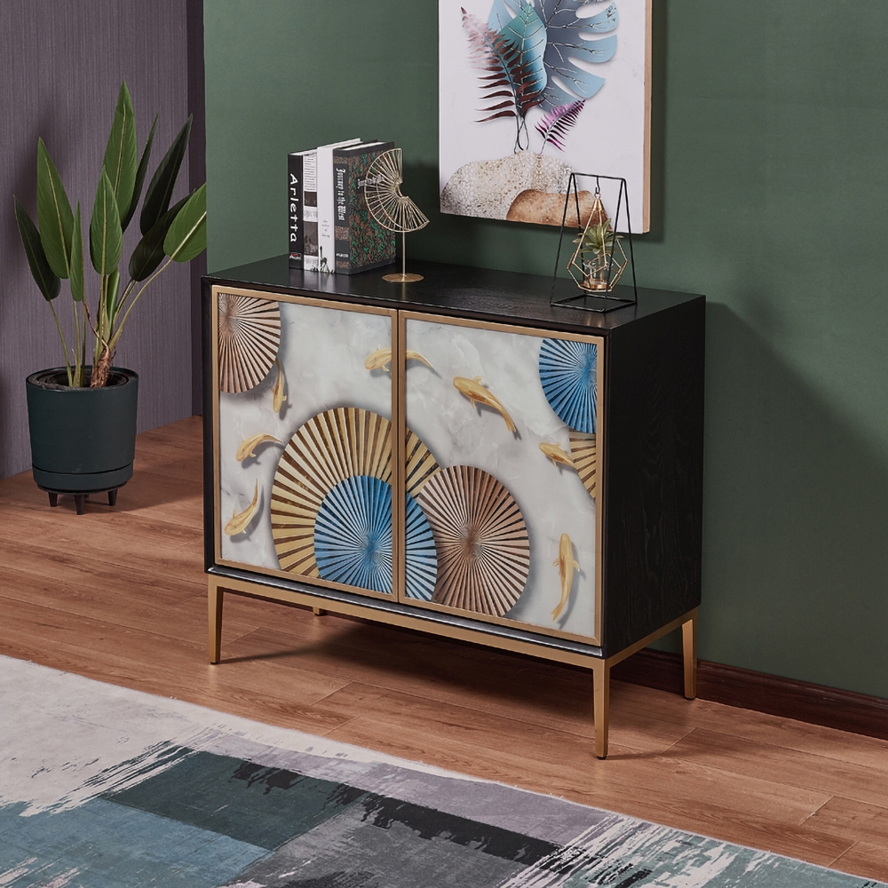 Luxury Sideboard Glass Drawing Panel Buffet with Doors and Shelves Gold Finish in Small window image