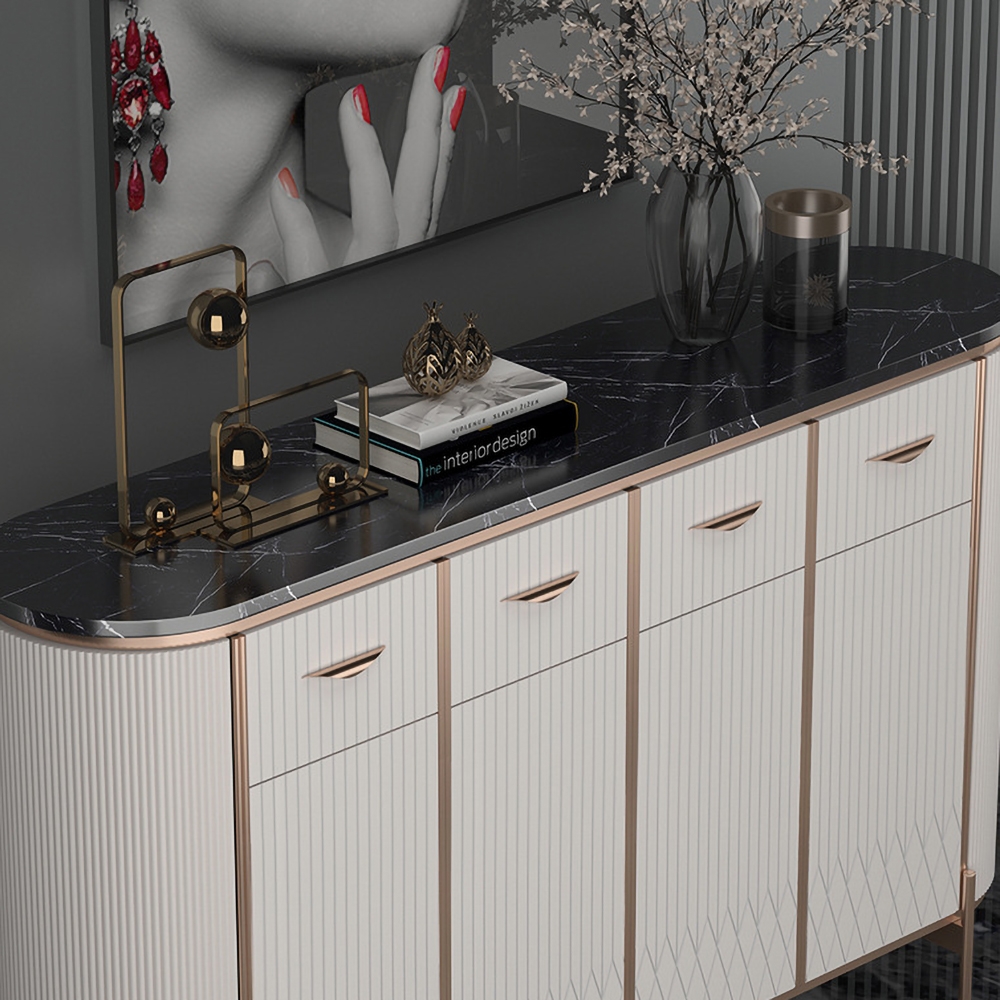 Buffet moderne de 1400 mm avec portes supérieures en faux marbre noir, tiroirs et étagères de taille moyenne image de fenêtre
