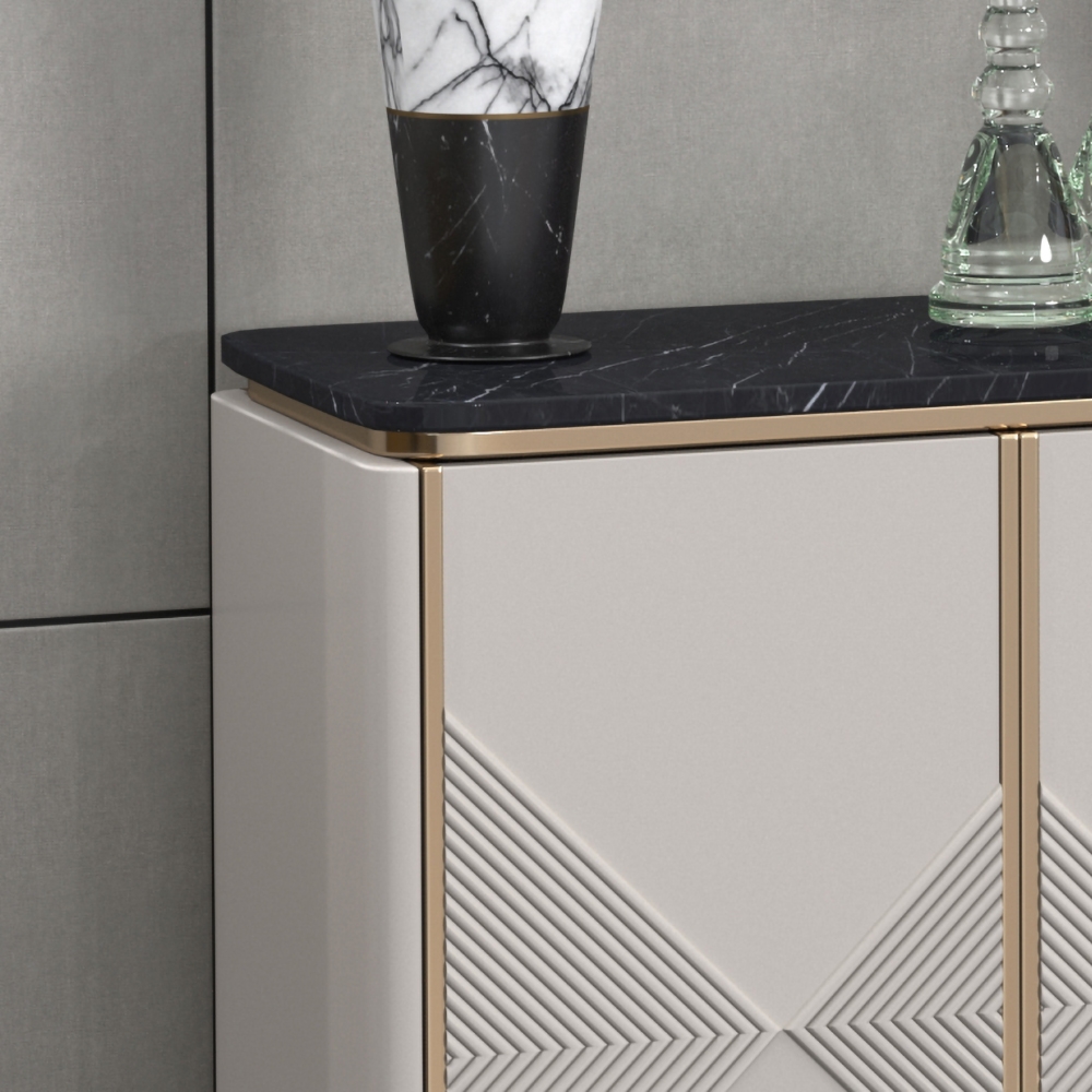 63" White Sideboard Buffet Black Faux Marble Top with Doors & Shelves Gold Finish in Large window image