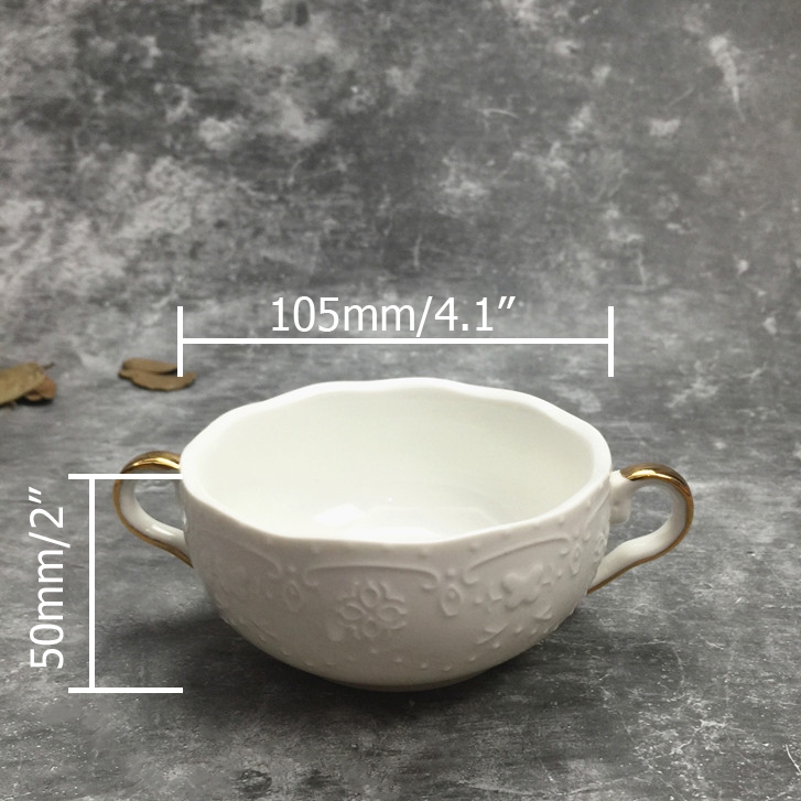 Modern Minimalist Round Embossed Bowl White Ceramic Gold Handles Soup Bowl with Saucer & Spoon Set of 2 window image