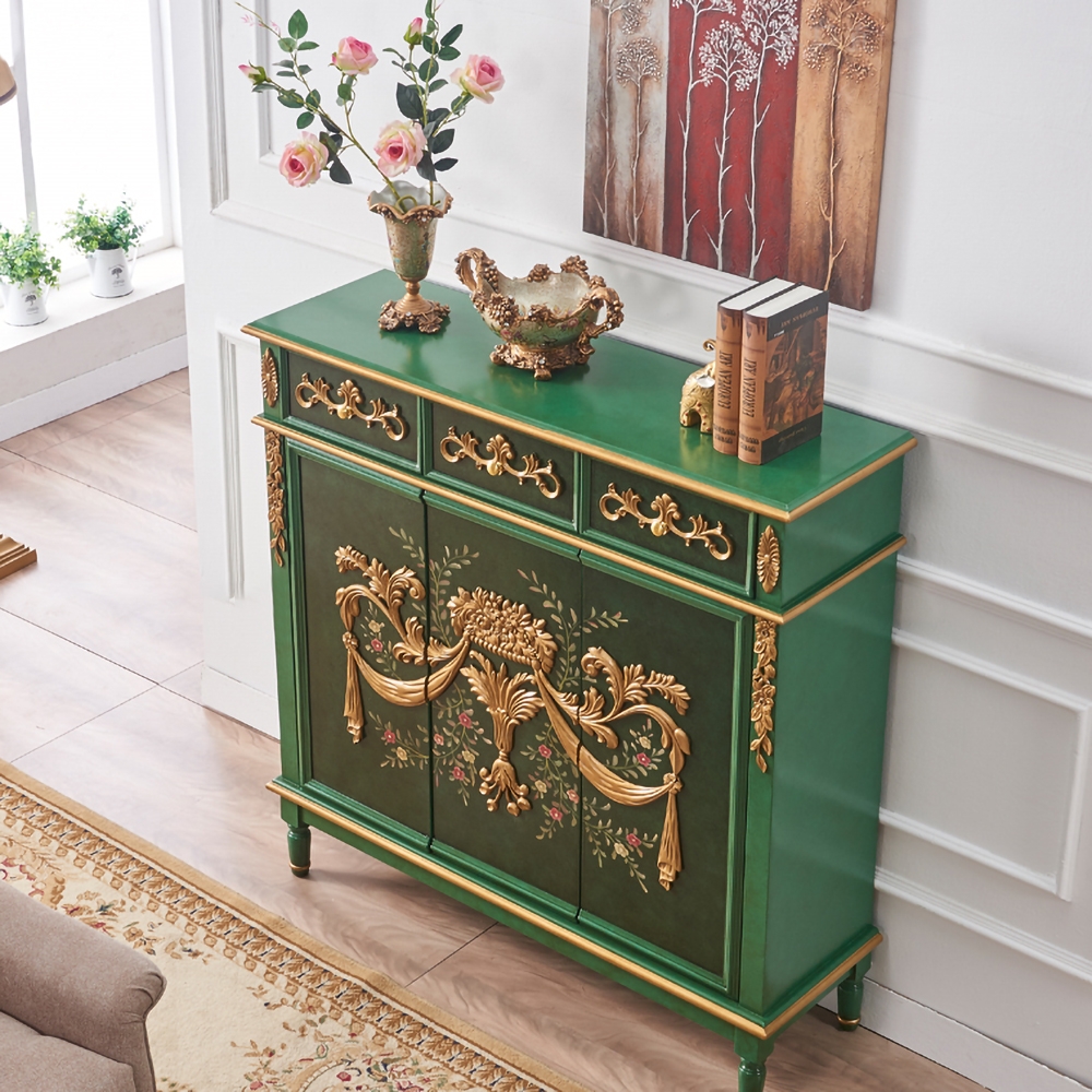 48" Vintage Rustic Shoe Cabinet Floral Patterns Gold Embossed Surface with 3 Drawers & 3 Doors & 8 Shelves window image