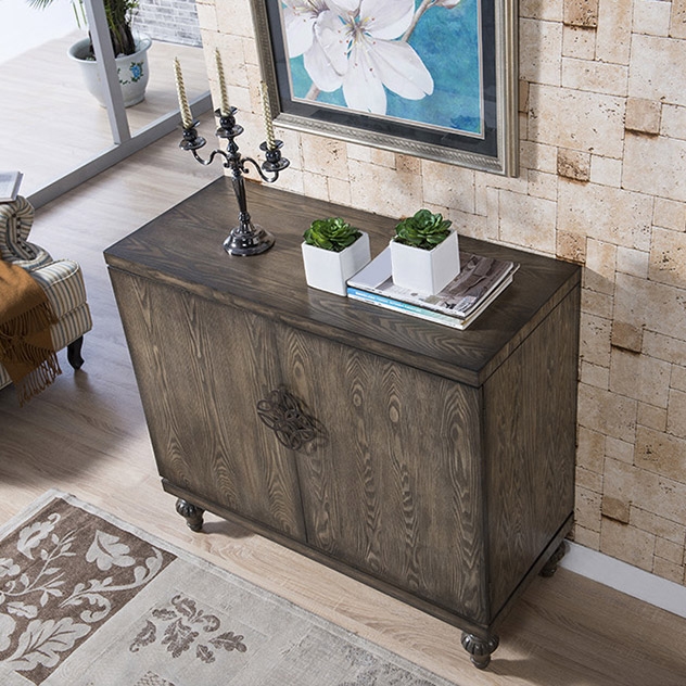 Vintage Retro Sideboard 2 Doors Accent Cabinet Solid Wood Cabinet with Adjustable Shelf window image