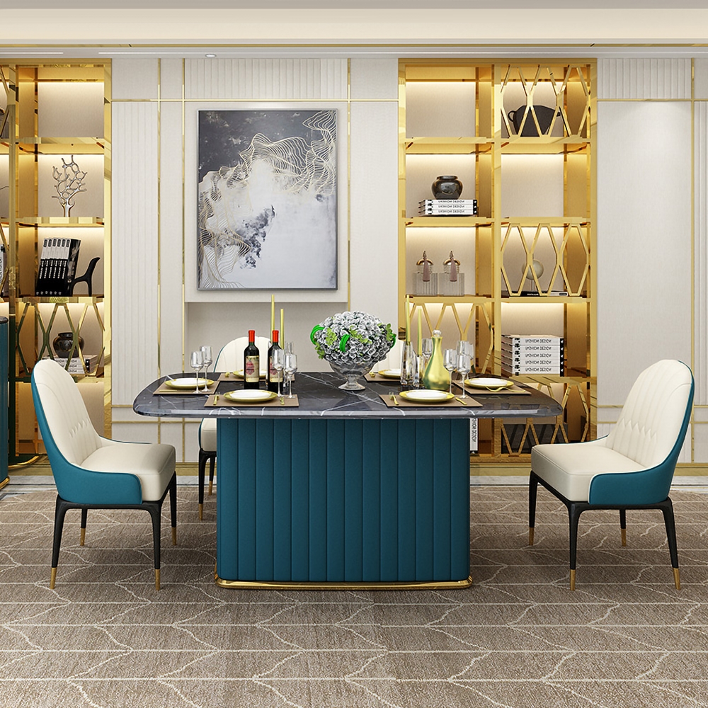 Black Faux Marble Rectangle Dining Table with Storage Blue PU Leather window image