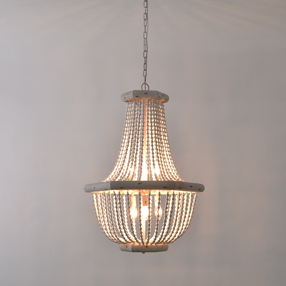 Farmhouse French Country Distressed White Wood Draped Beaded Chandelier Basket 6-Light Ceiling Light window image