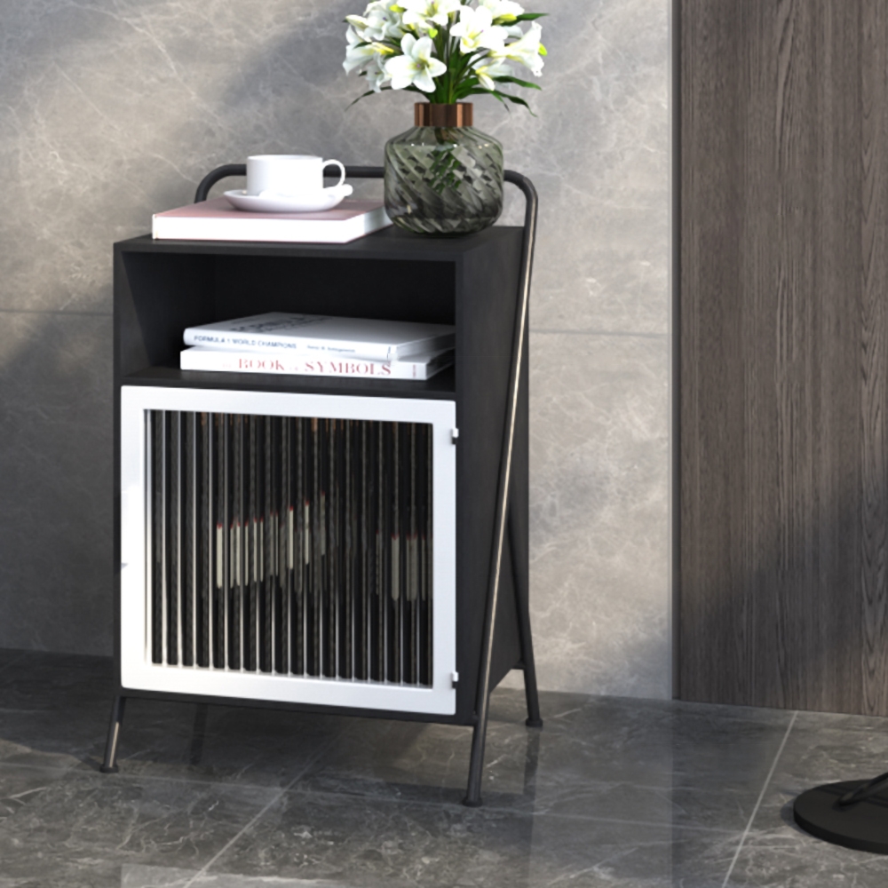 Black Square End Table with Glass Door & Open Storage Metal Bedside Table window image