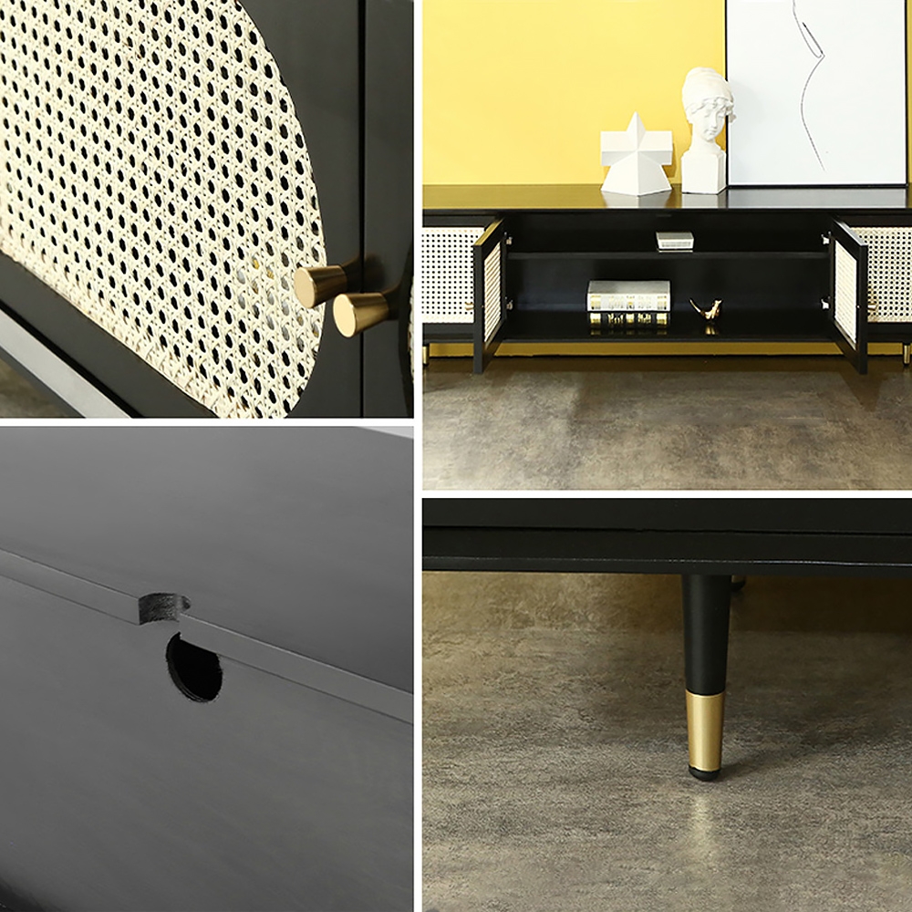 1800mm Solid Wood Rattan TV Stand with 4 Doors Cable Management Nordic Pastoral Style window image