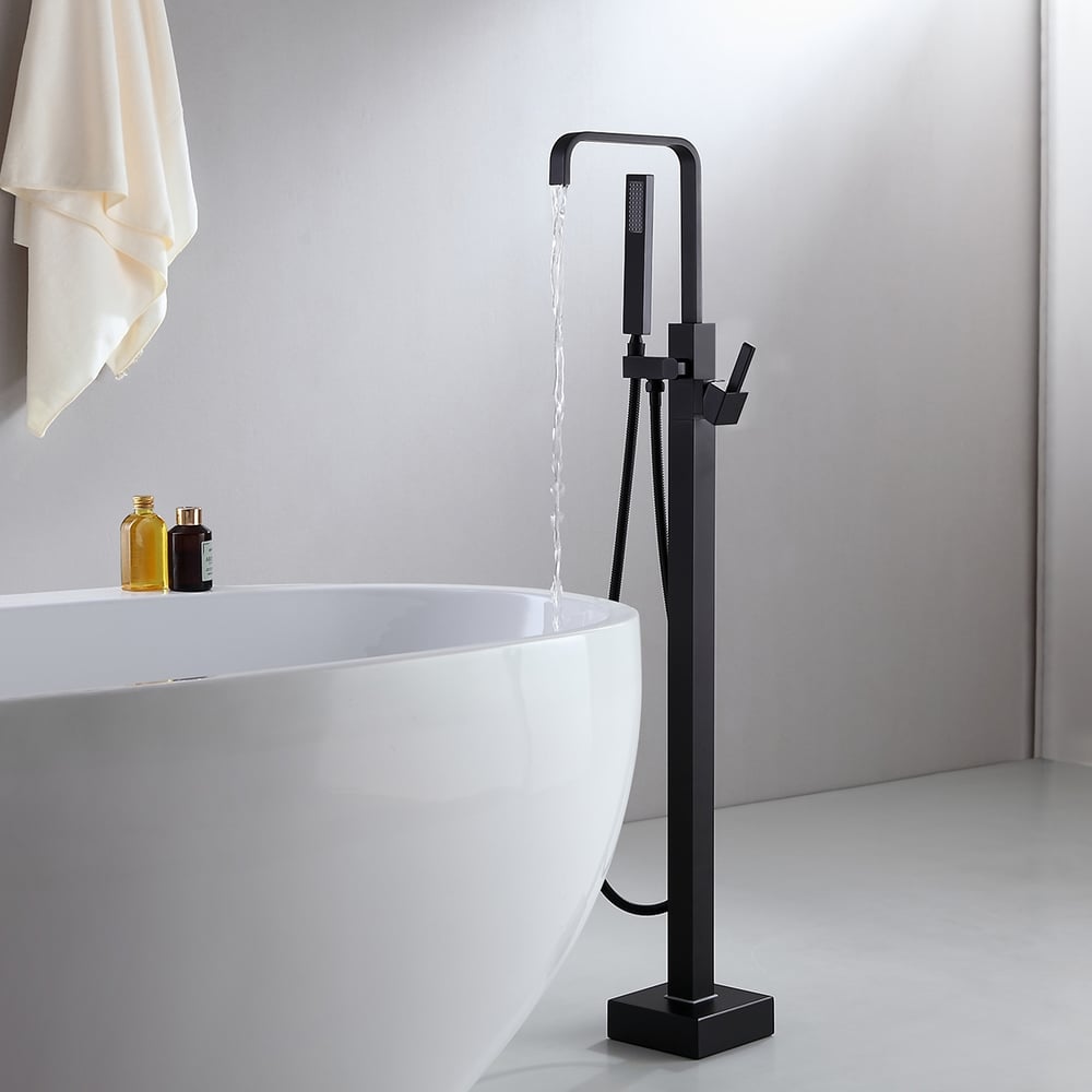 Dree Modern Matte Black Floor Mounted Freestanding Tub Faucet with Handheld Shower 1-Handle Solid Brass window image