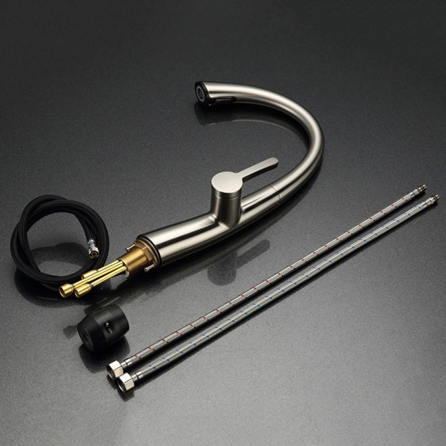 Single Handle Rotatable 1-Hole Pull Out Kitchen Faucet with Dual-Function Spray Solid Brass in Brushed Nickel window image