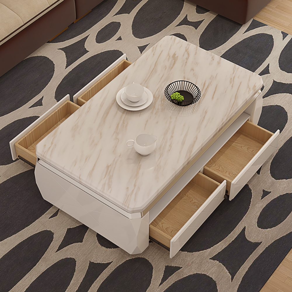 Marble Coffee Table with Storage & Drawers Solid Wood Frame window image