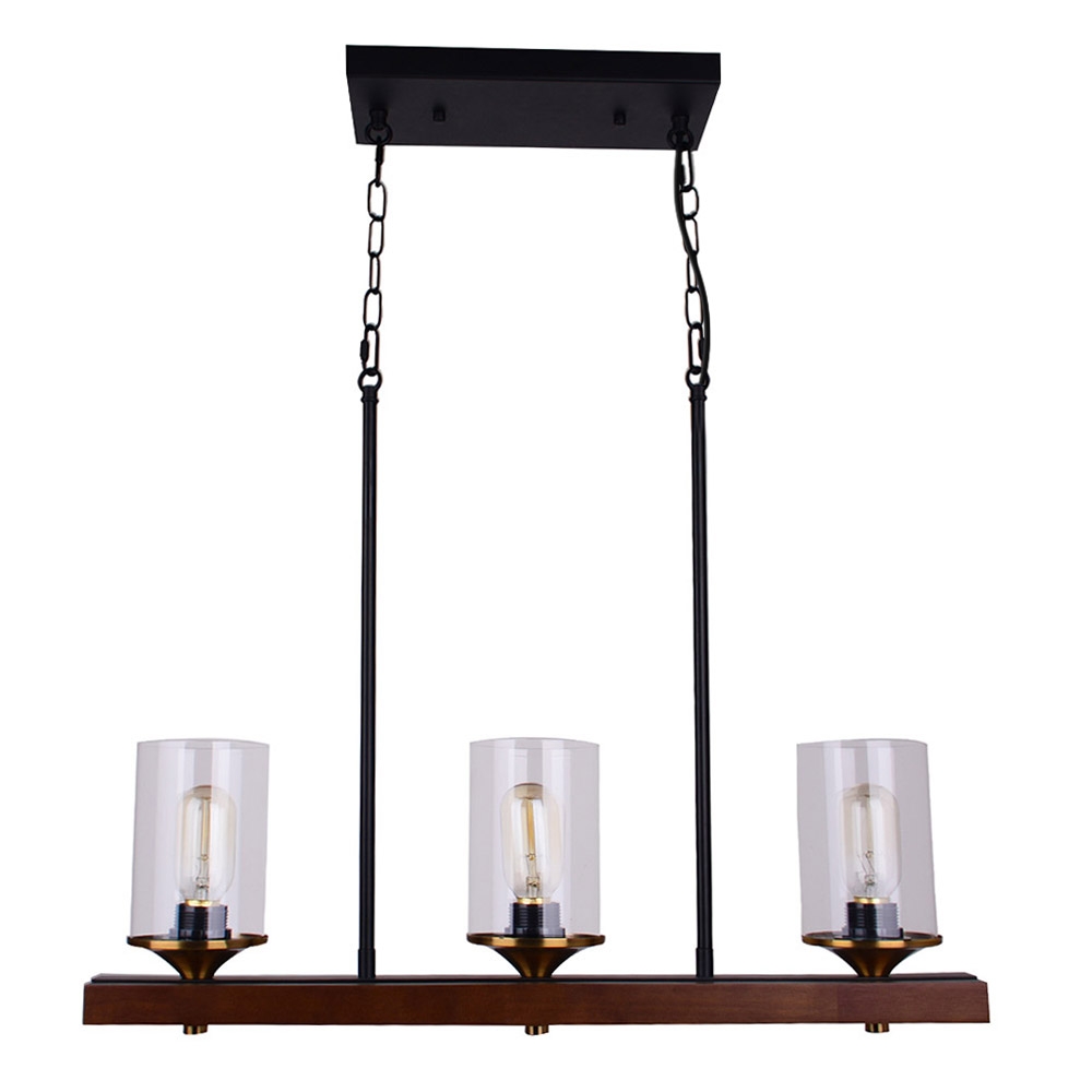 Industrial Loft Wood Beam 3-Light Island Linear Pendant Light with Clear Glass Shade Black Metal window image
