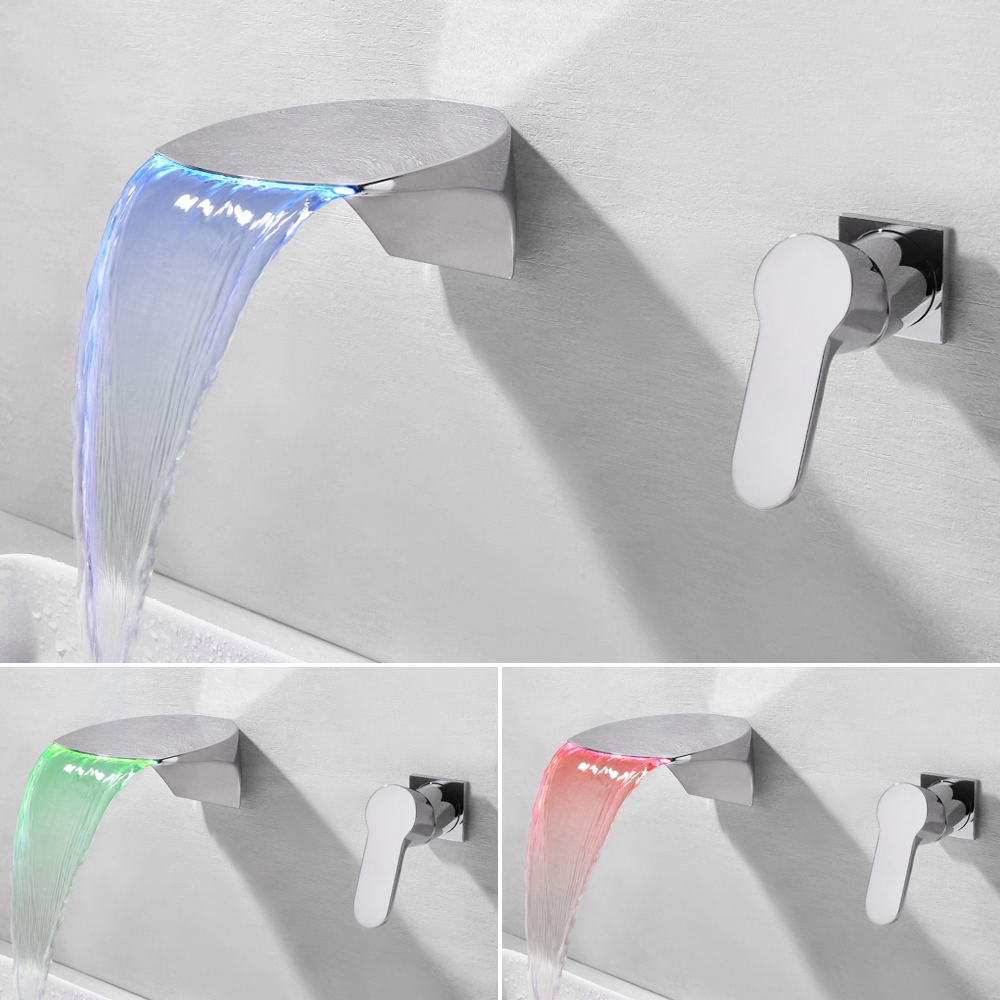 Modern LED Waterfall Wall Mounted 2-Hole Bathroom Basin Mixer Tap in Polished Chrome window image