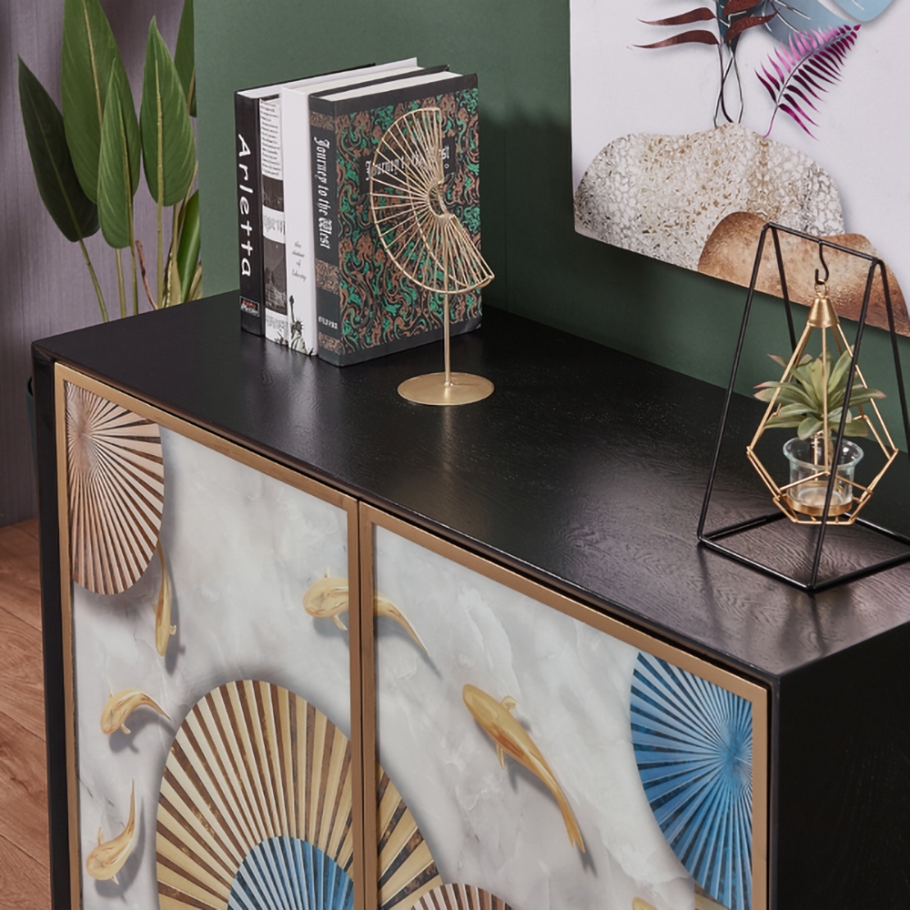 Luxury Sideboard Glass Drawing Panel Buffet with Doors and Shelves Gold Finish in Small window image