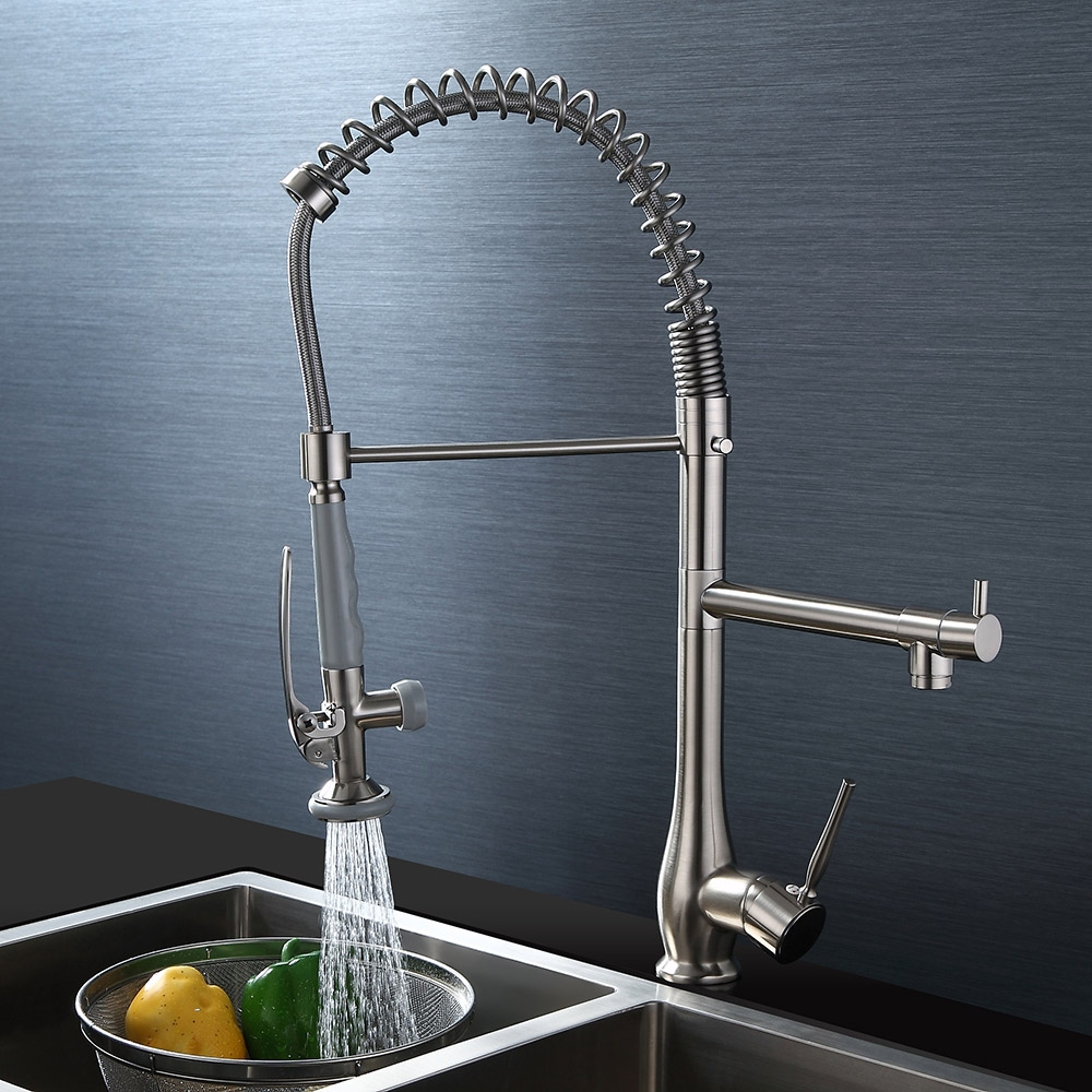 Commercial Dual-Function 1-Lever Pull Down Sprayer Pre-Rinse Kitchen Faucet Brushed Nickel window image