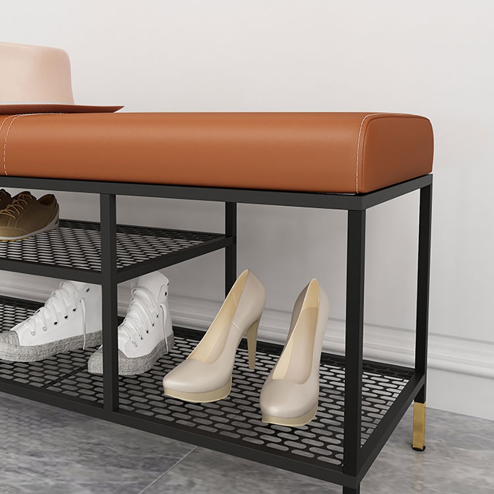1000mm Brown Modern Shoe Storage Bench with 3-Tier Shelf in Faux Leather window image