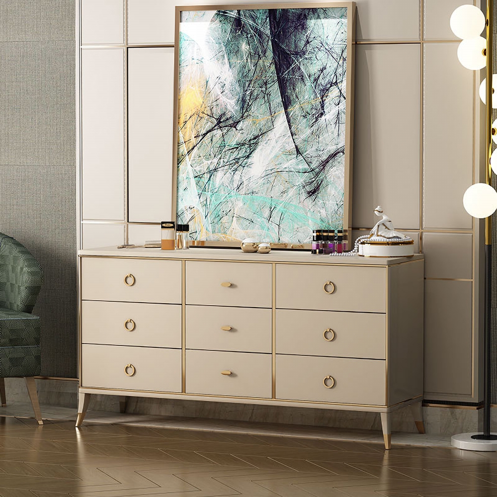 59" Contemporary Champagne Bedroom Dresser Accent Cabinet with 9 Drawers in Gold window image