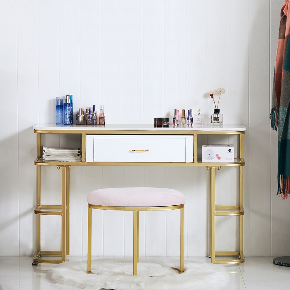 39" Modern White Makeup Vanity Faux Marble Dressing Table with 1 Drawer & Shelves in Gold window image
