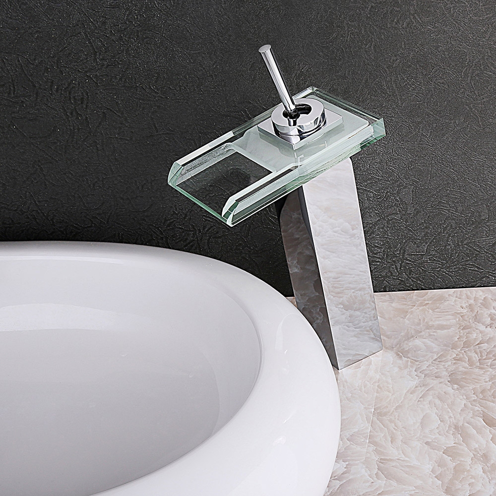 Fun LED Tall Glass Spout Single Lever Single Hole Waterfall Vessel Sink Faucet Chrome window image