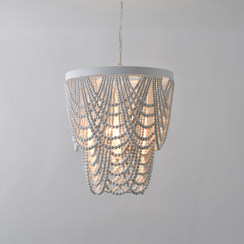 Rustic Farmhouse Wooden Bead Cascade 3-Light Chandelier in White window image