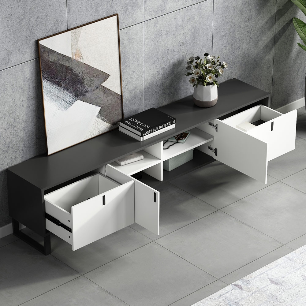 78" White & Gray TV Stand Minimalist Media Console with Doors & Drawers & Shelves window image