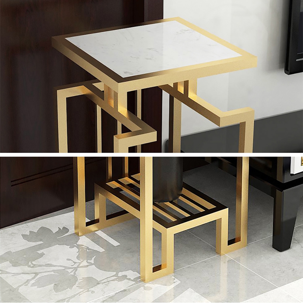 700mm Unique Gold Freestanding Marble Plant Stand with Shelf window image