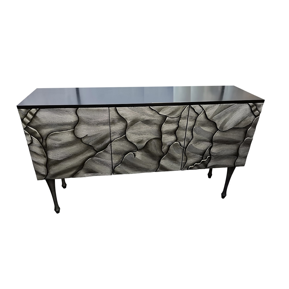 Contemporary Black Sideboard Buffet 3D Patterns 3-Door Cabinet window image